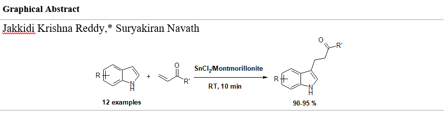SnCl2/Montmorillonite KSF is an highly efficient heterogeneous reusable catalyst for the selective alkylation of indoles with α, β unsaturated carbonyl compounds under solvent free conditions